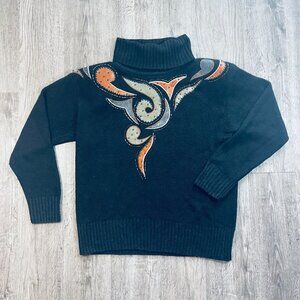 Vintage 90s IB Diffusion Patches Beads Black Turtleneck Silk Sweater Size Large